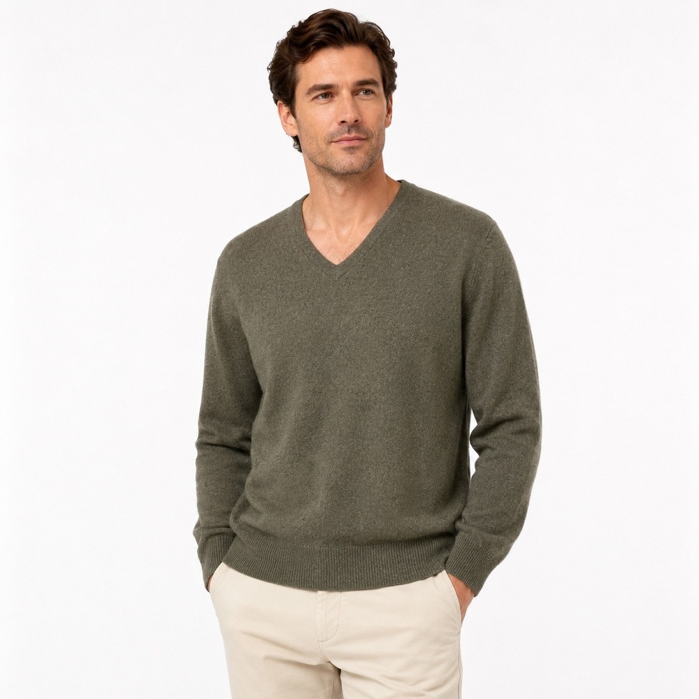 Cremieux 100% Cashmere V-Neck Sweater Mens Medium Olive Heather NWT Classic